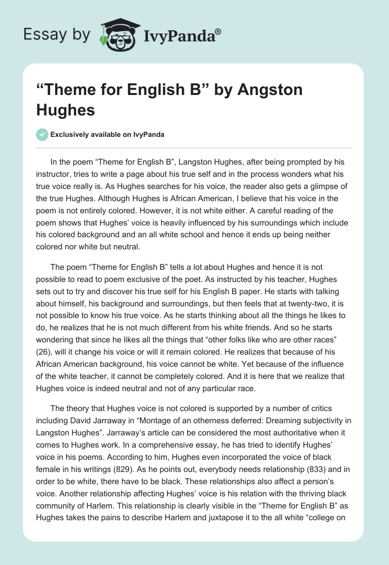 “Theme for English B” by Angston Hughes. Page 1