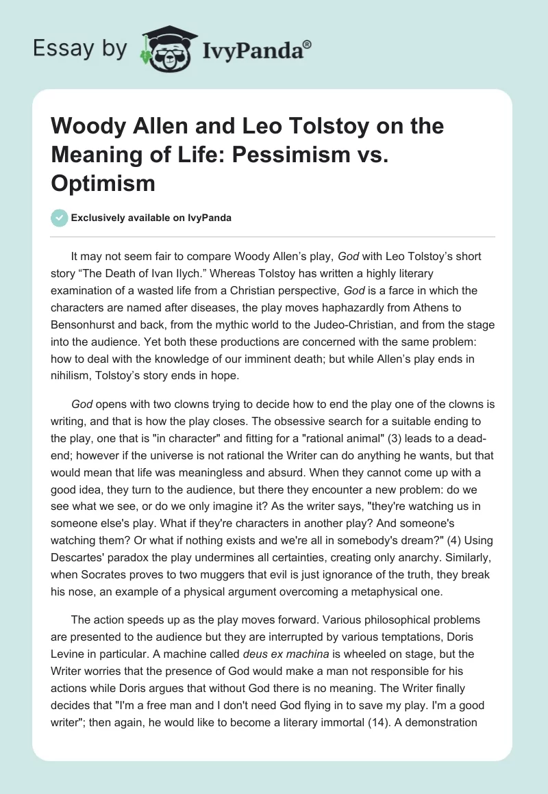 Woody Allen and Leo Tolstoy on the Meaning of Life: Pessimism vs. Optimism. Page 1