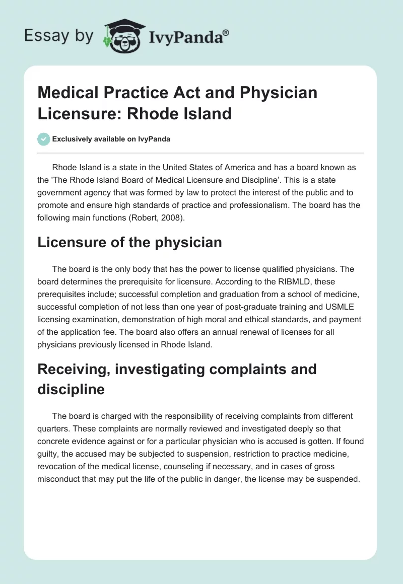 Medical Practice Act and Physician Licensure: Rhode Island. Page 1