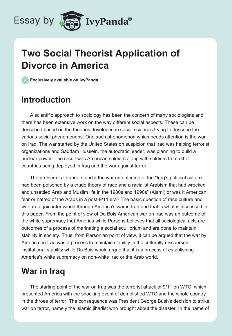Two Social Theorist Application of Divorce in America. Page 1