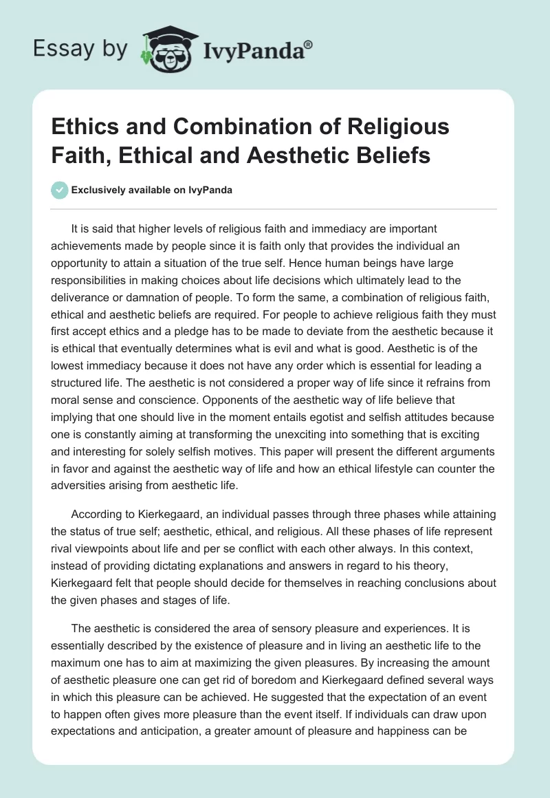 Ethics and Combination of Religious Faith, Ethical and Aesthetic Beliefs. Page 1