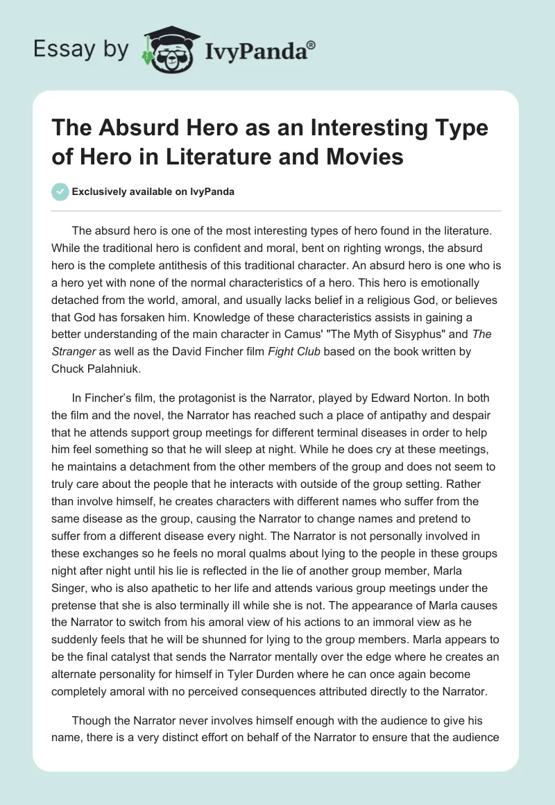 The Absurd Hero as an Interesting Type of Hero in Literature and Movies. Page 1