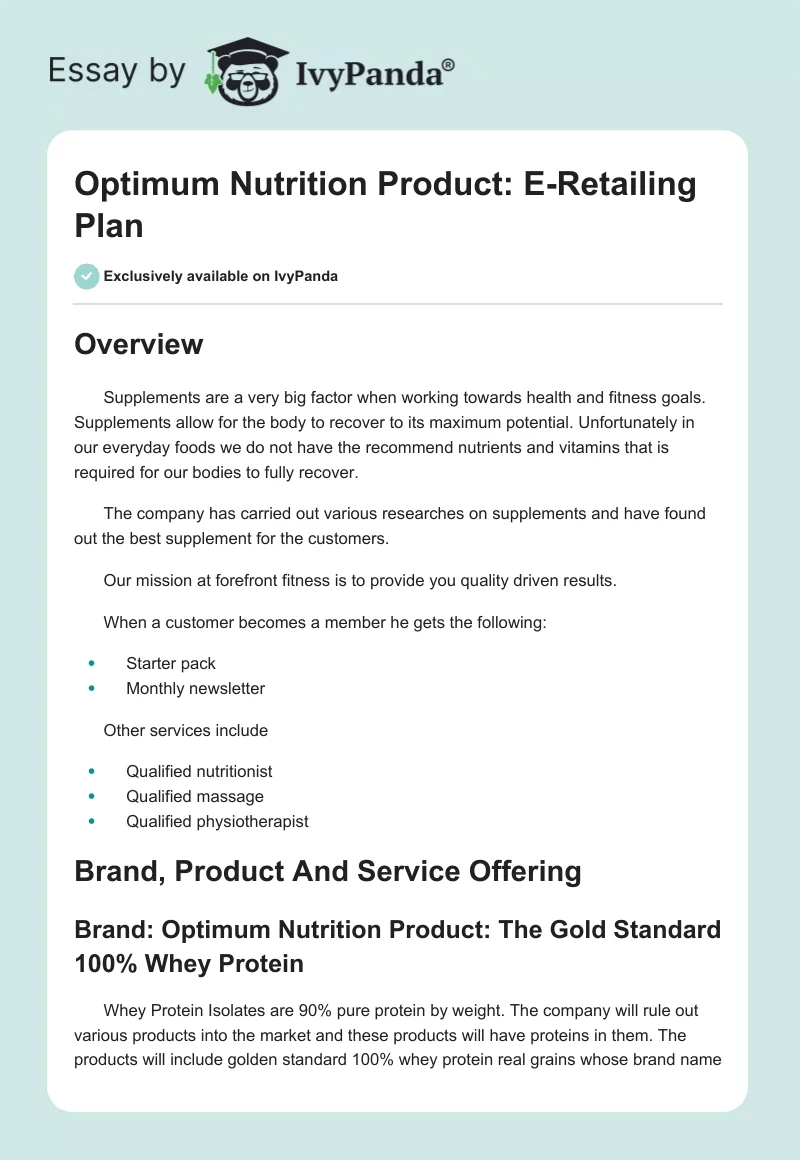Optimum Nutrition Product: E-Retailing Plan. Page 1