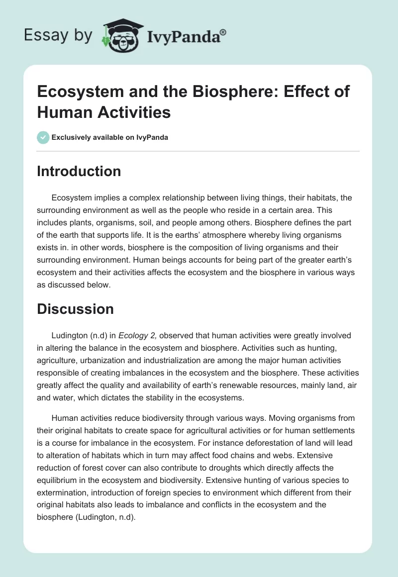 Ecosystem and the Biosphere: Effect of Human Activities. Page 1