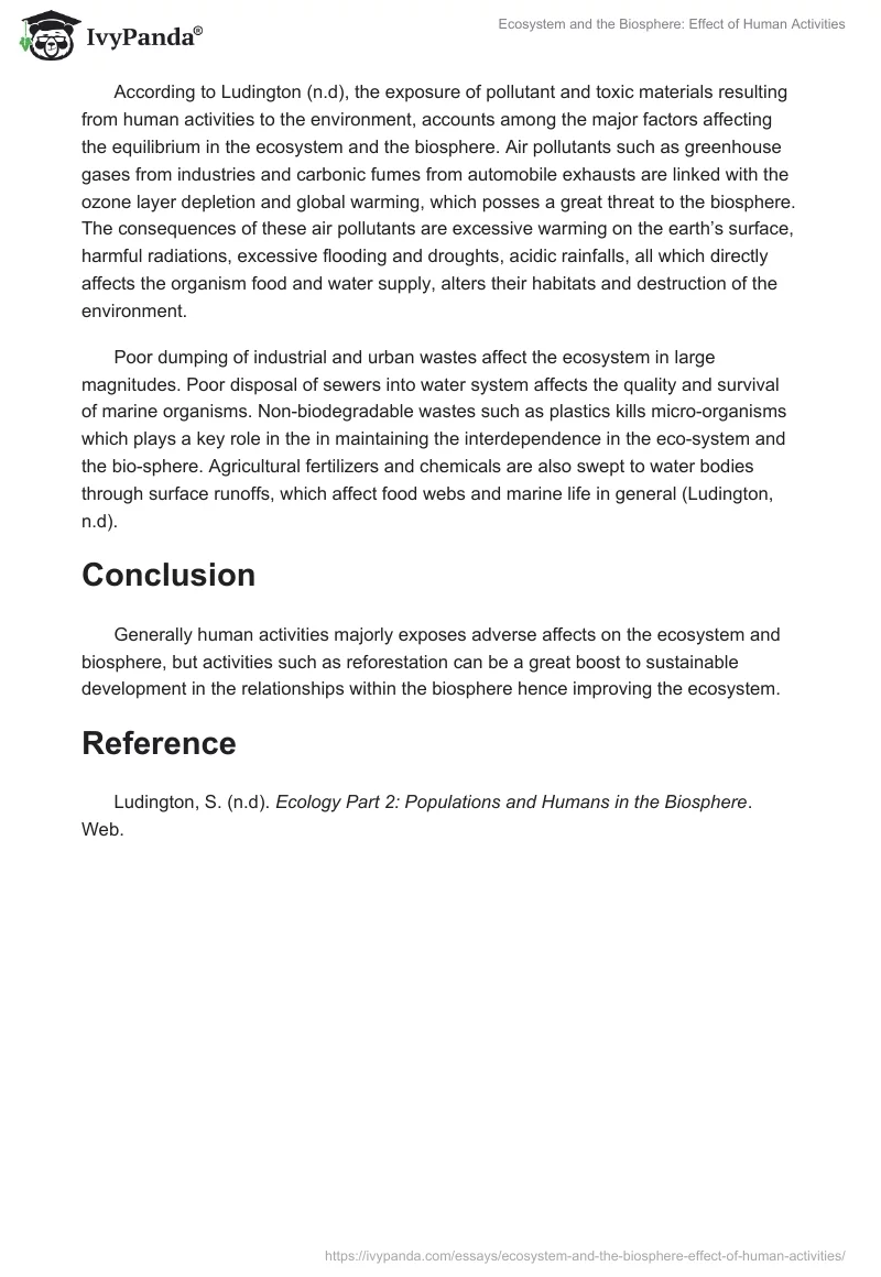 Ecosystem and the Biosphere: Effect of Human Activities. Page 2