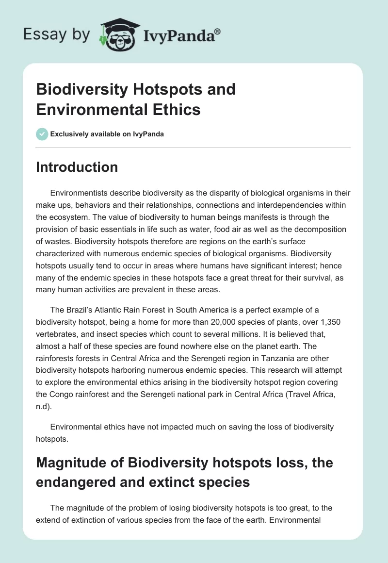 Biodiversity Hotspots and Environmental Ethics. Page 1