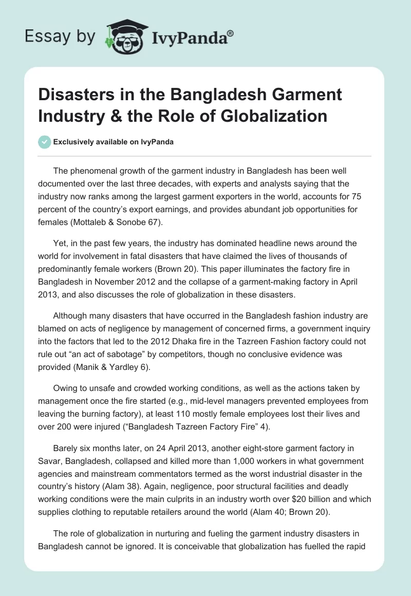 Disasters in the Bangladesh Garment Industry & the Role of Globalization. Page 1