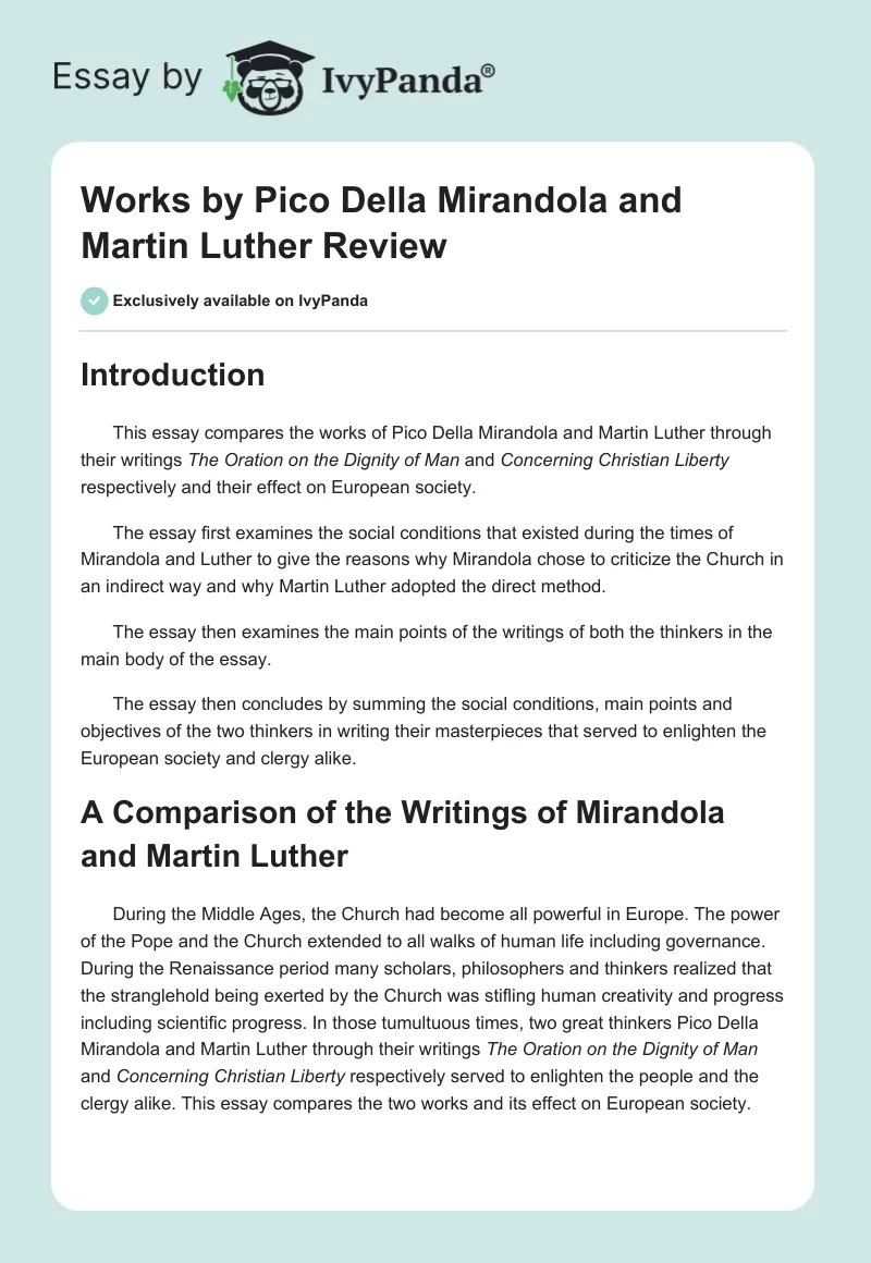 Works by Pico Della Mirandola and Martin Luther Review. Page 1