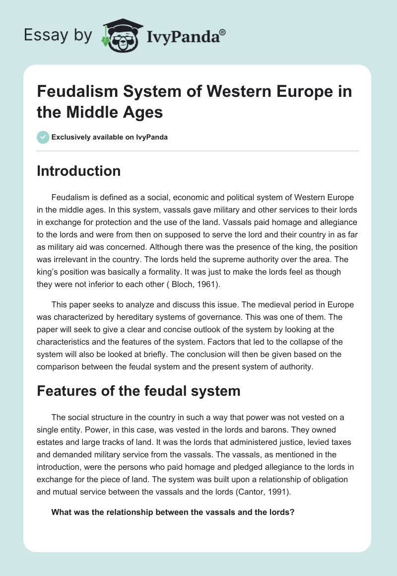 Feudalism System of Western Europe in the Middle Ages. Page 1