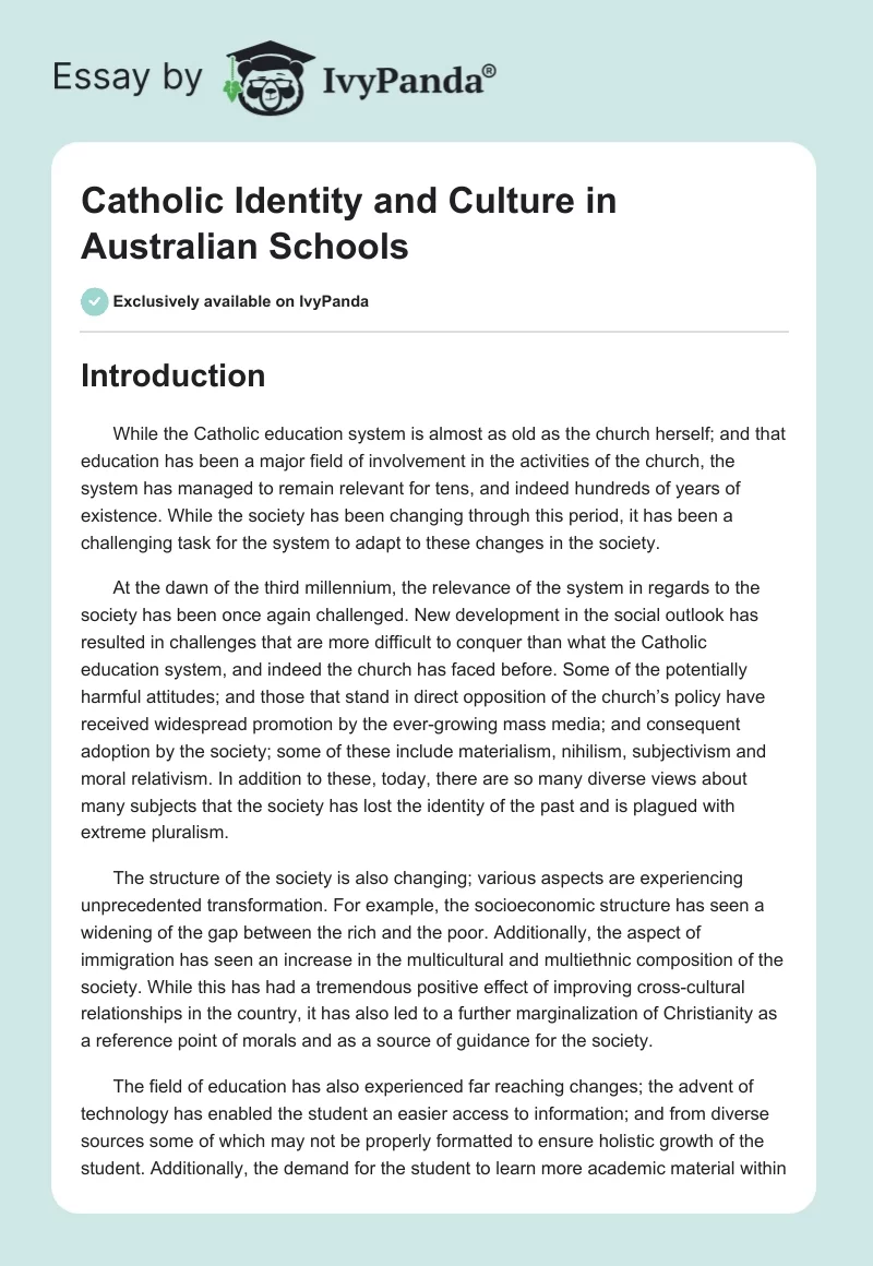 Catholic Identity and Culture in Australian Schools. Page 1