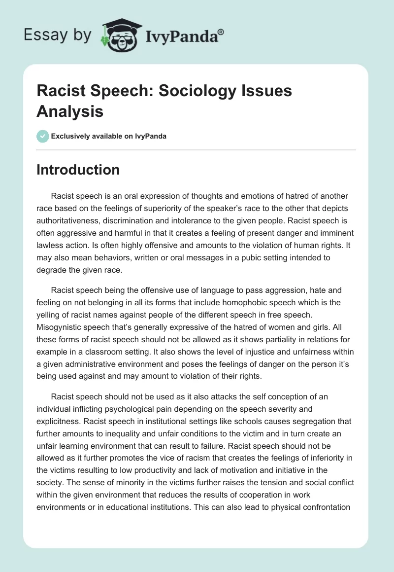Racist Speech: Sociology Issues Analysis. Page 1