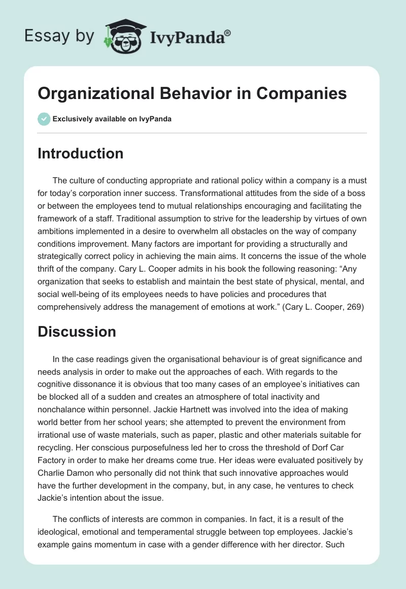 Organizational Behavior in Companies. Page 1