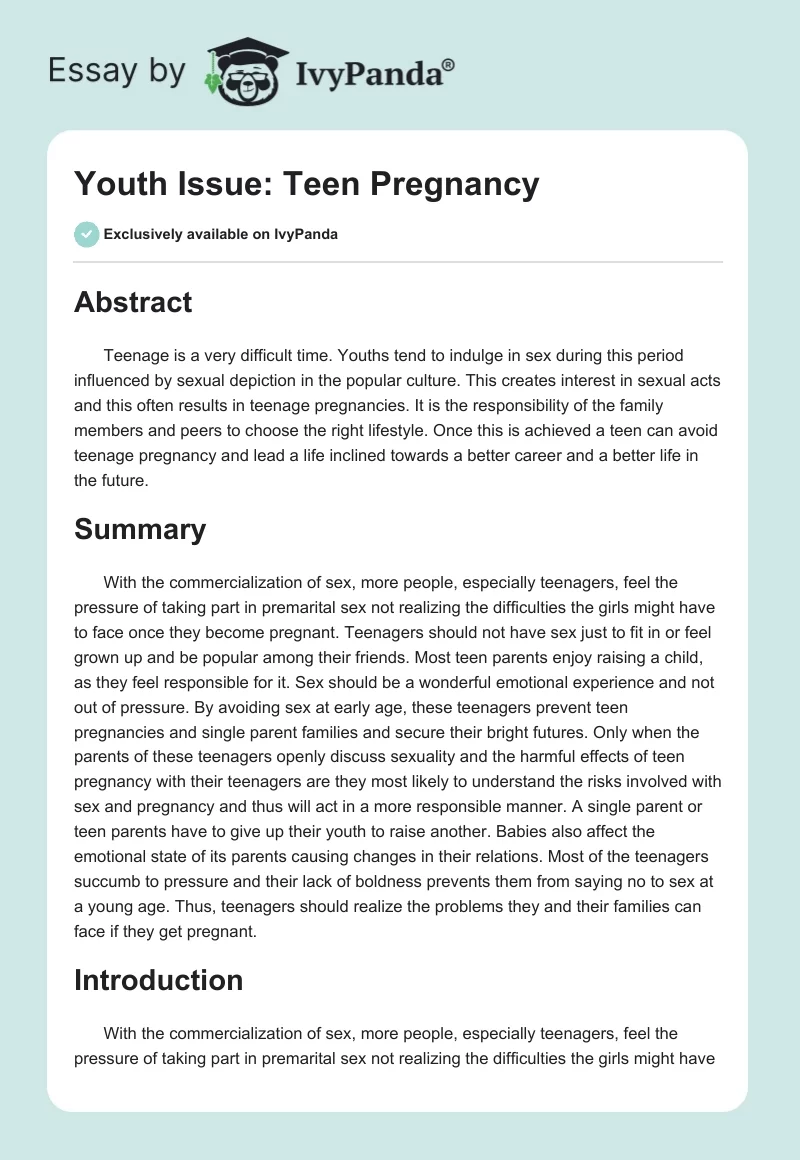 Youth Issue: Teen Pregnancy. Page 1