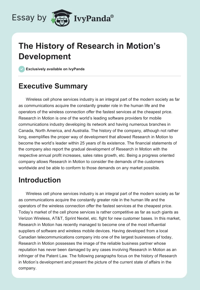 The History of Research in Motion’s Development. Page 1