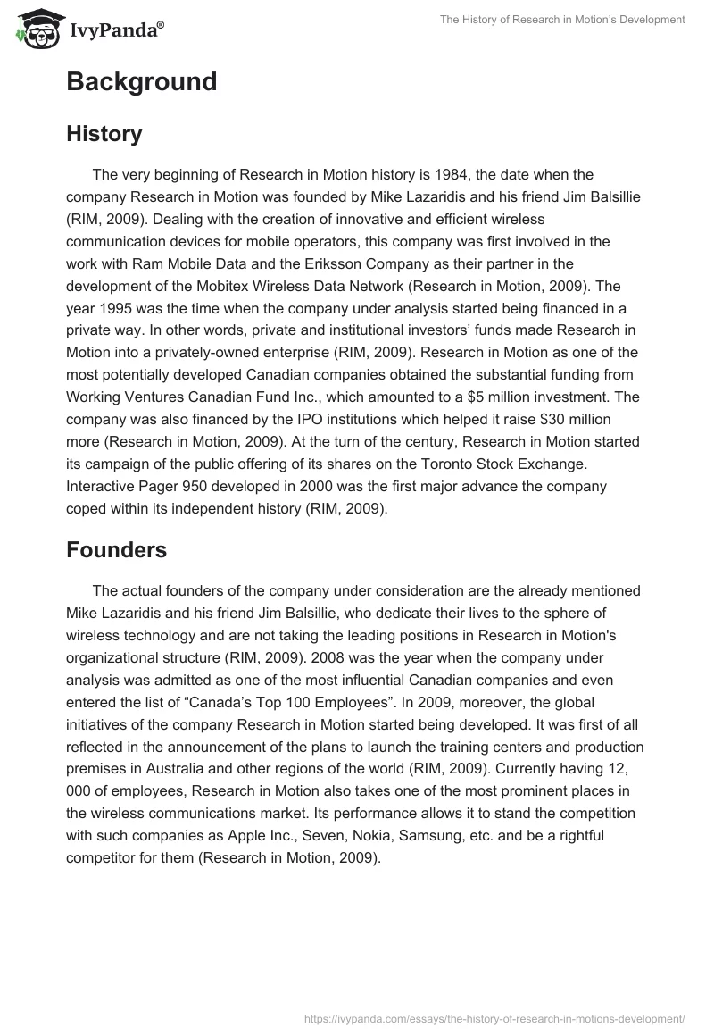 The History of Research in Motion’s Development. Page 2