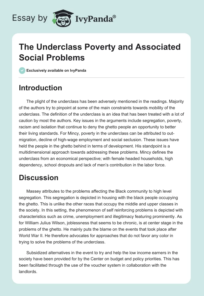 The Underclass Poverty and Associated Social Problems. Page 1