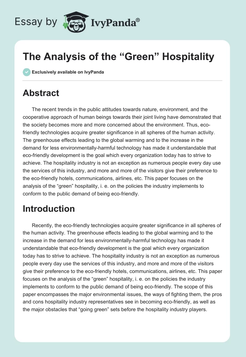 The Analysis of the “Green” Hospitality. Page 1