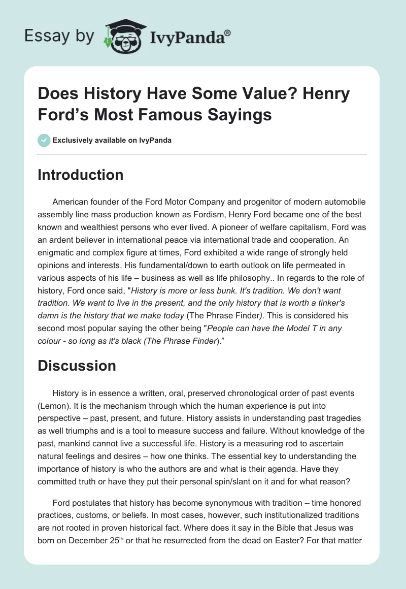 Does History Have Some Value? Henry Ford’s Most Famous Sayings. Page 1