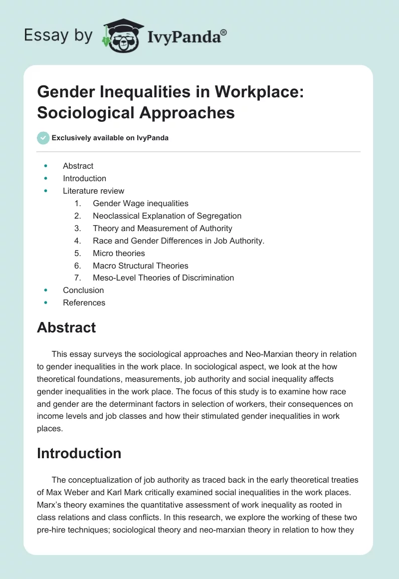 Gender Inequalities in Workplace: Sociological Approaches. Page 1