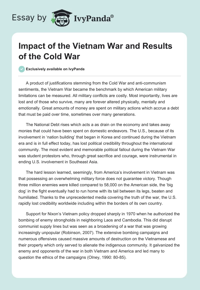 Impact of the Vietnam War and Results of the Cold War. Page 1