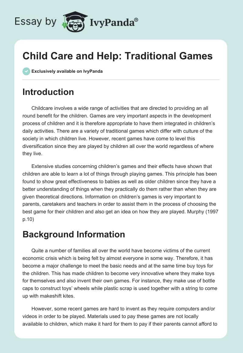 Child Care and Help: Traditional Games. Page 1
