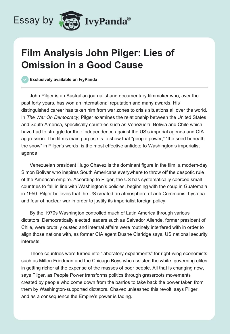 Film Analysis John Pilger: Lies of Omission in a Good Cause. Page 1
