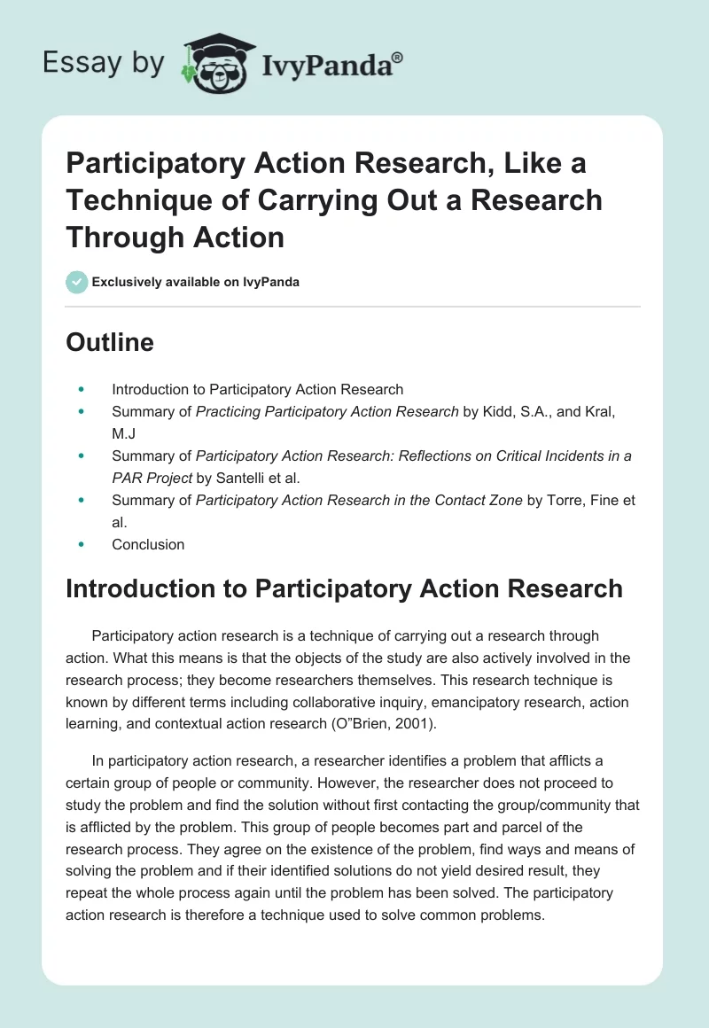 Participatory Action Research, Like a Technique of Carrying Out a Research Through Action. Page 1
