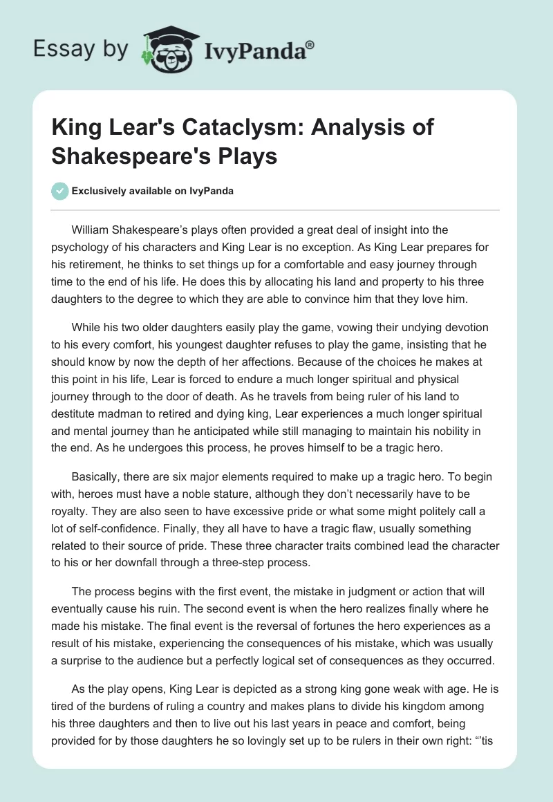 King Lear's Cataclysm: Analysis of Shakespeare's Plays. Page 1