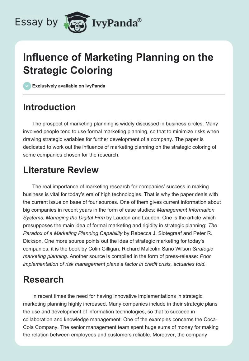 Influence of Marketing Planning on the Strategic Coloring. Page 1