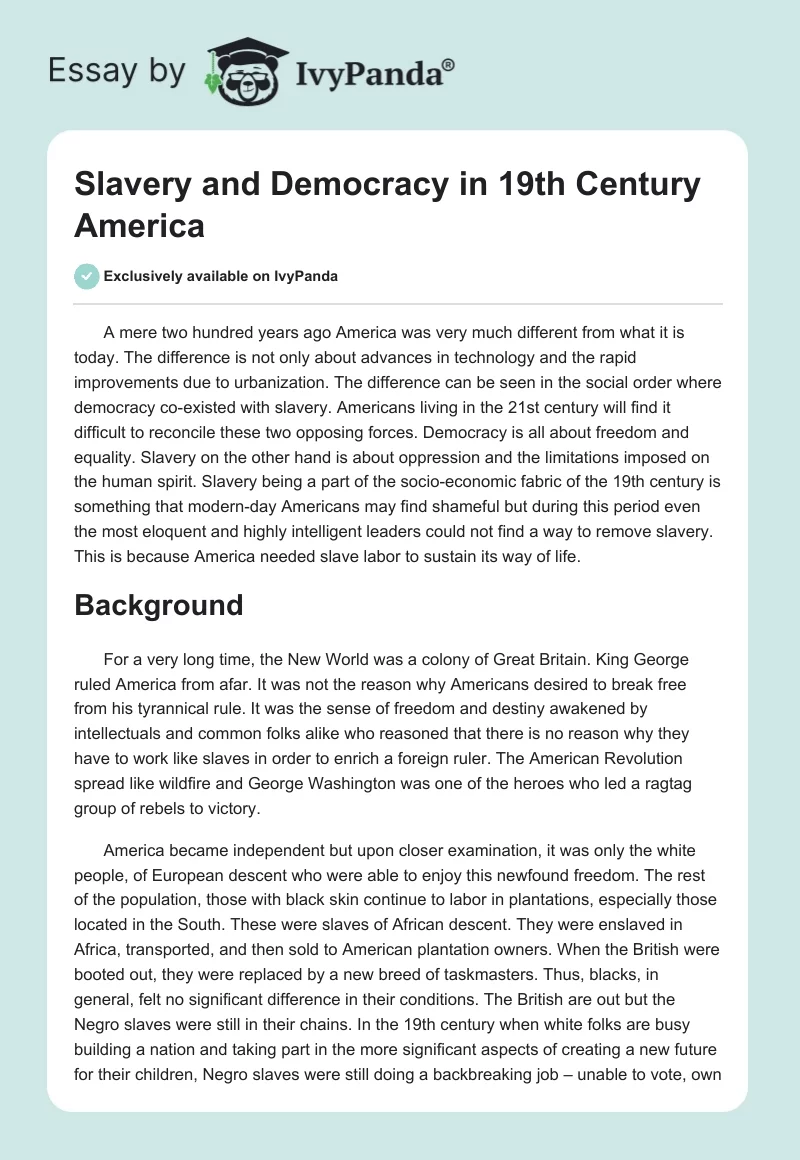 Slavery and Democracy in 19th Century America. Page 1