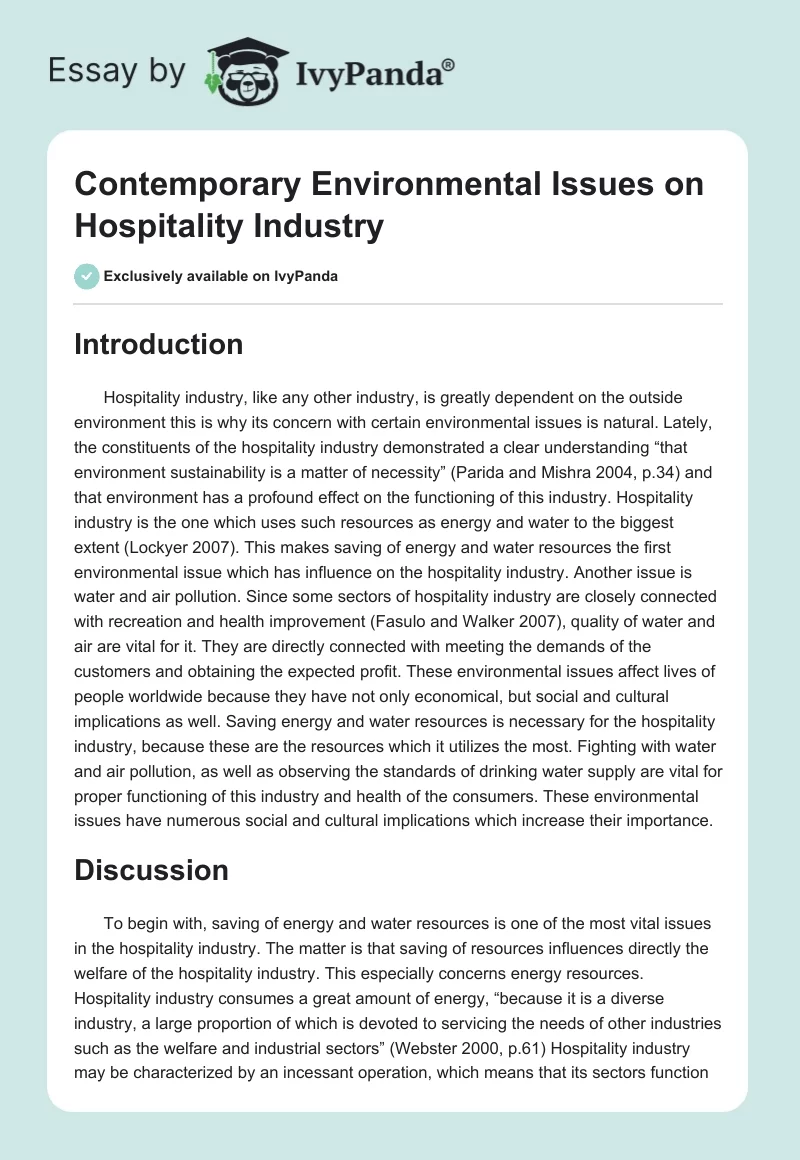 Contemporary Environmental Issues on Hospitality Industry. Page 1