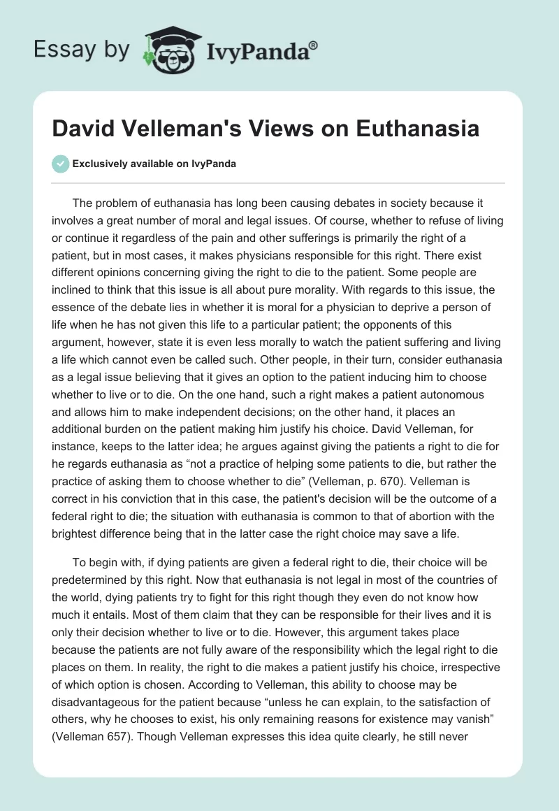 David Velleman's Views on Euthanasia. Page 1