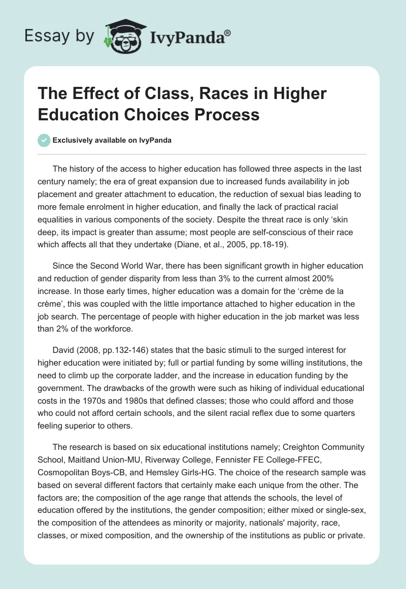 The Effect of Class, Races in Higher Education Choices Process. Page 1