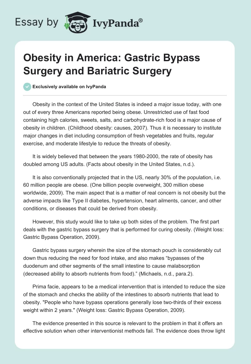 Obesity in America: Gastric Bypass Surgery and Bariatric Surgery. Page 1
