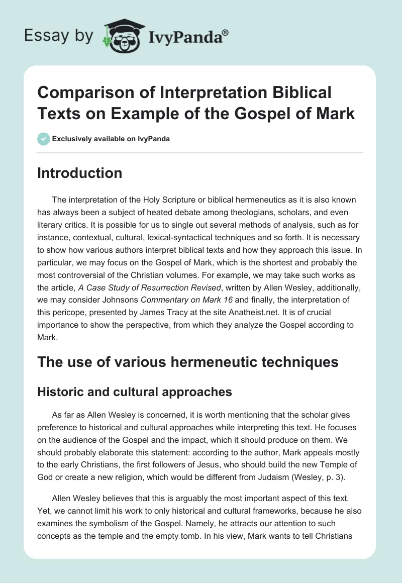Comparison of Interpretation Biblical Texts on Example of the Gospel of Mark. Page 1