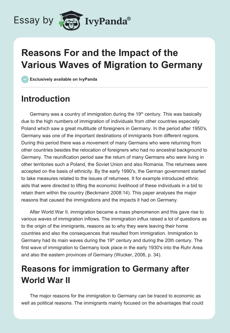 Reasons For and the Impact of the Various Waves of Migration to Germany. Page 1