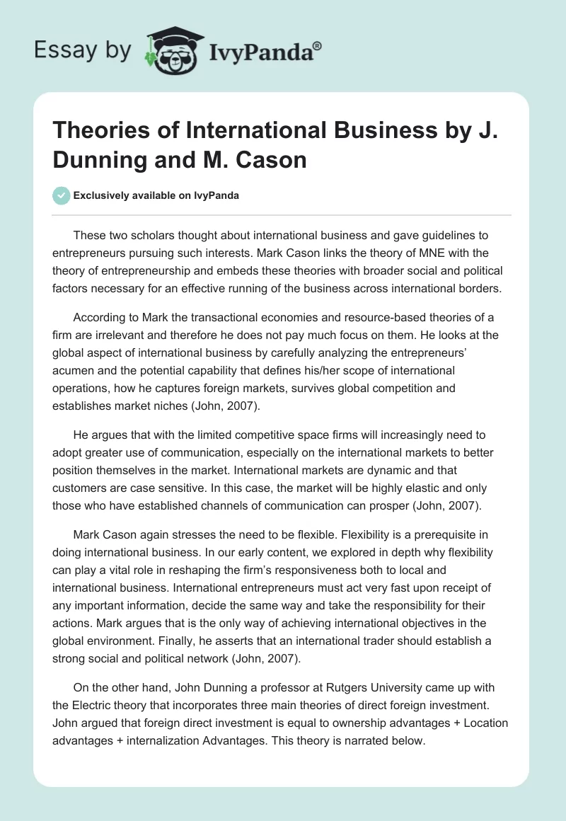 Theories of International Business by J. Dunning and M. Cason. Page 1