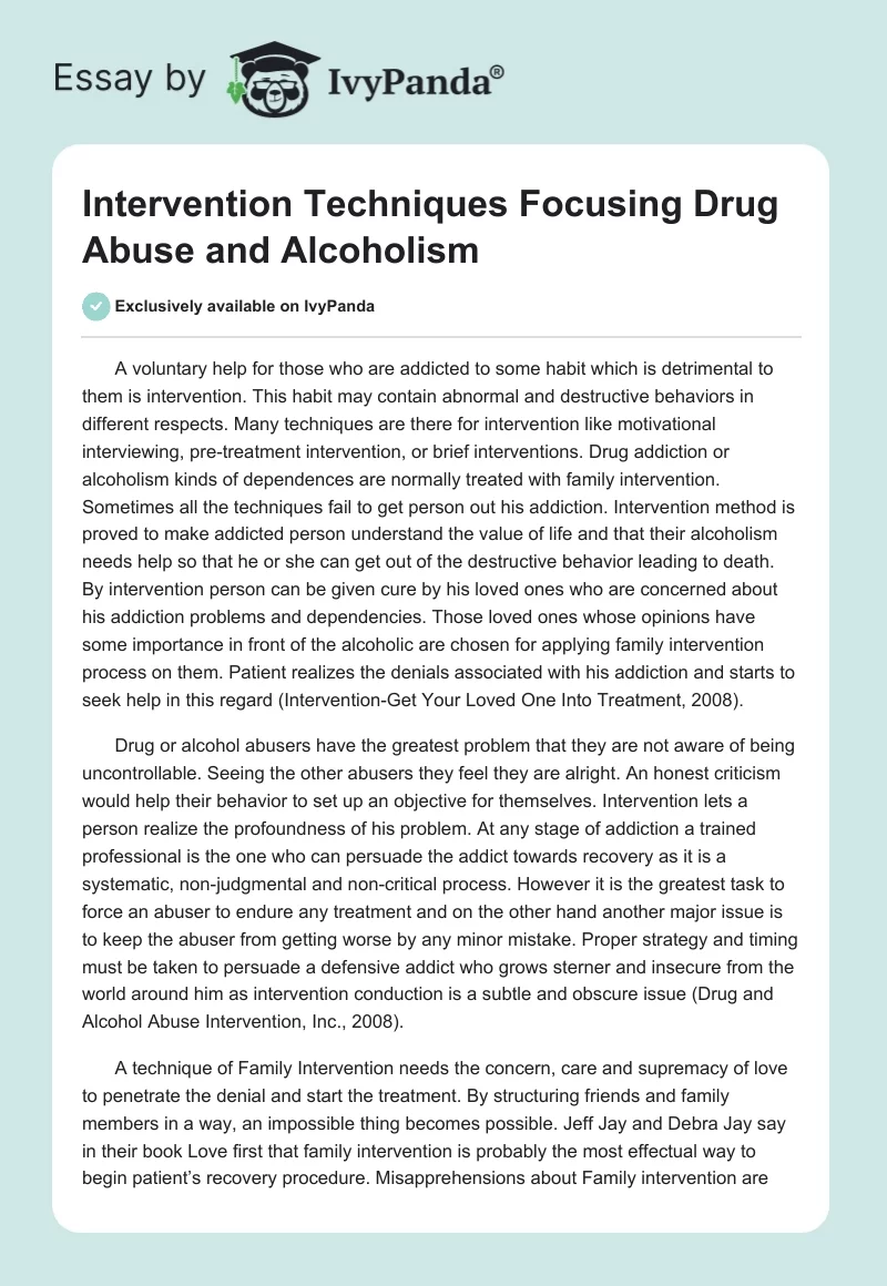 Intervention Techniques Focusing Drug Abuse and Alcoholism. Page 1