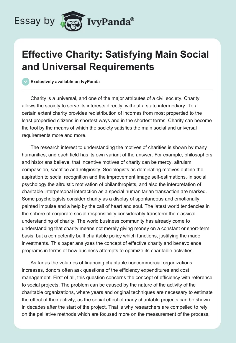 Effective Charity: Satisfying Main Social and Universal Requirements. Page 1