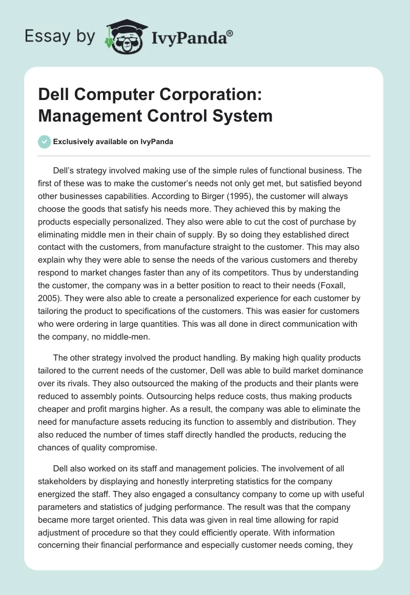 Dell Computer Corporation: Management Control System. Page 1