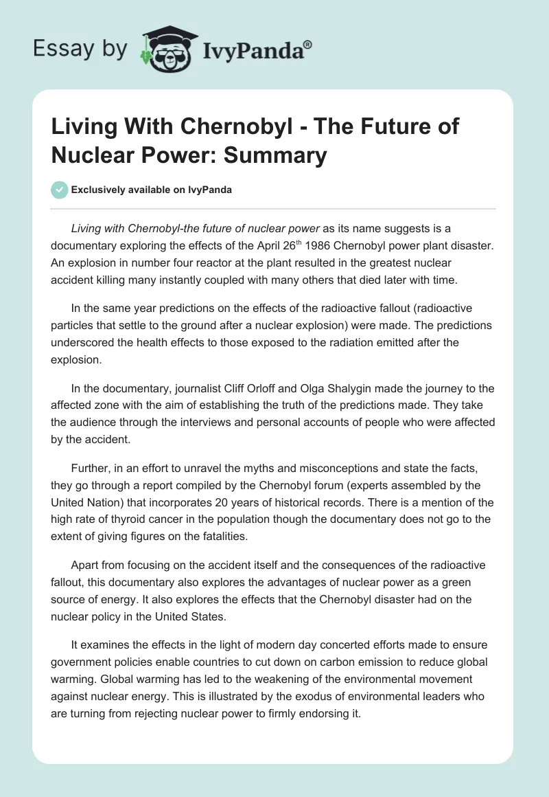 Living With Chernobyl - The Future of Nuclear Power: Summary. Page 1