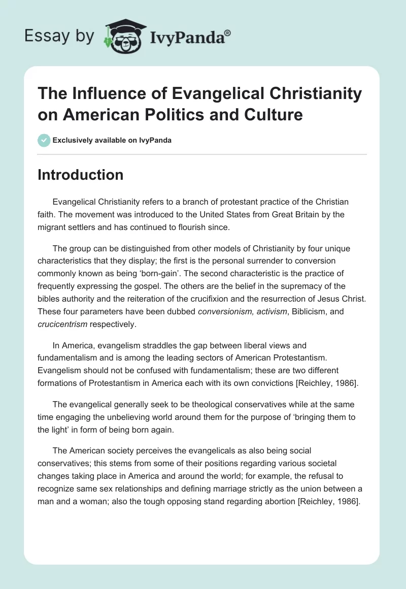 The Influence of Evangelical Christianity on American Politics and Culture. Page 1