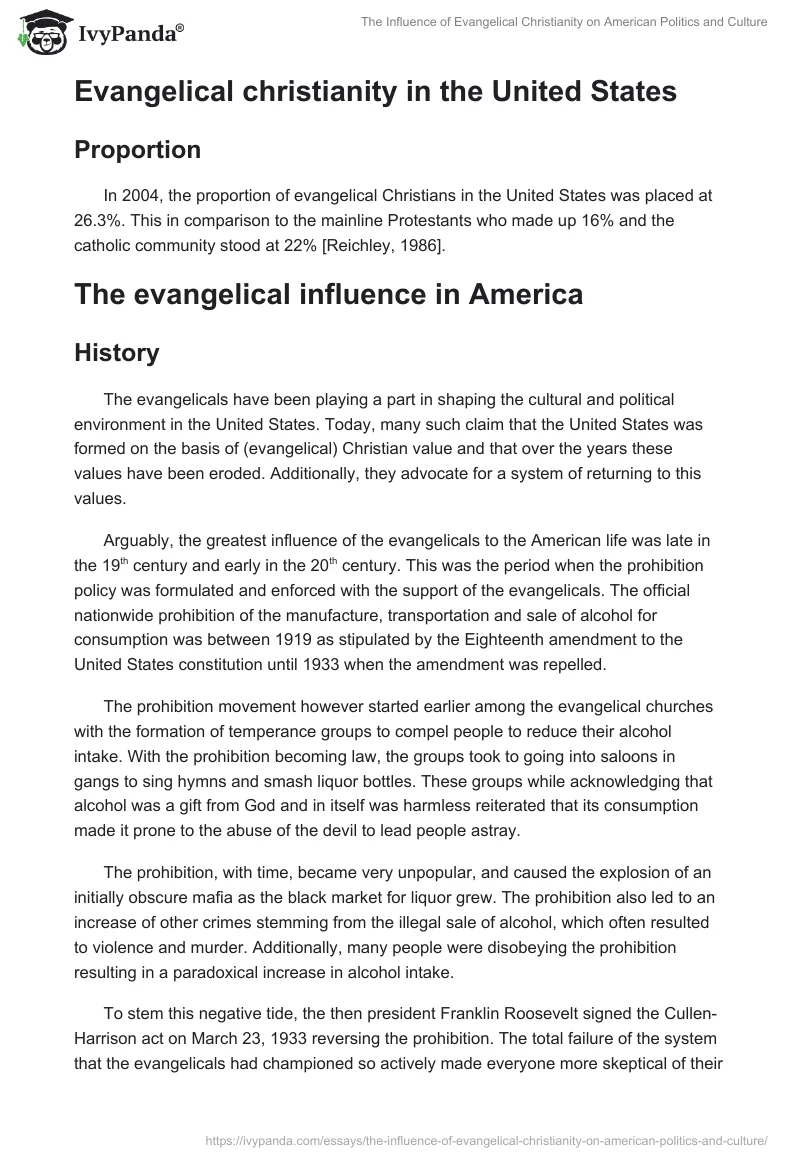 The Influence of Evangelical Christianity on American Politics and Culture. Page 2