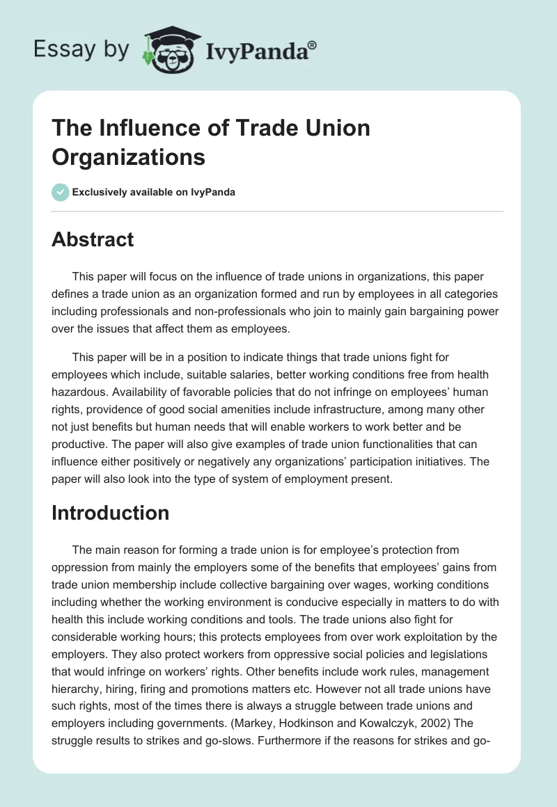 The Influence of Trade Union Organizations. Page 1