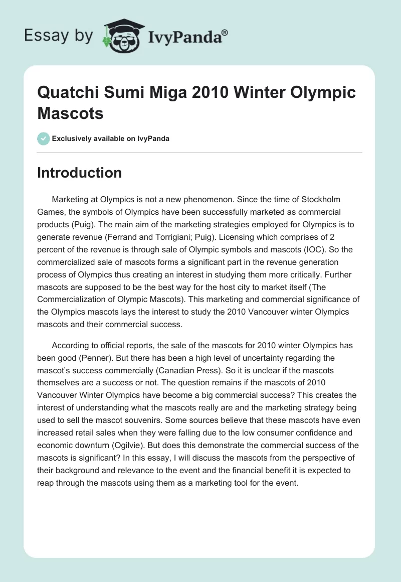 Quatchi Sumi Miga 2010 Winter Olympic Mascots. Page 1