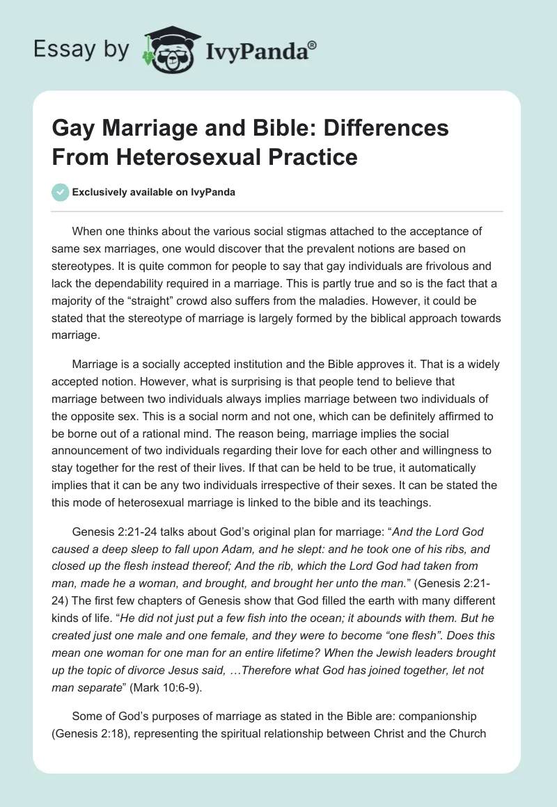 Gay Marriage and Bible: Differences From Heterosexual Practice. Page 1