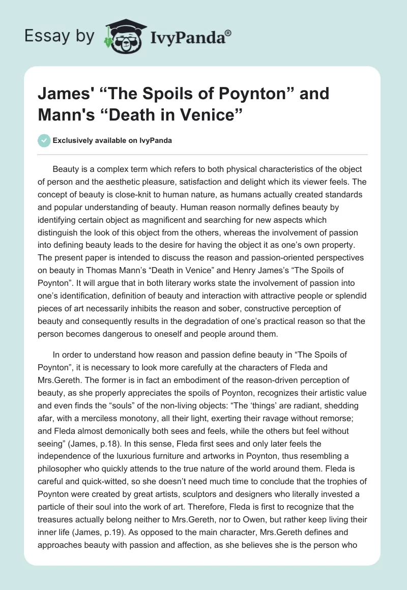 James' “The Spoils of Poynton” and Mann's “Death in Venice”. Page 1