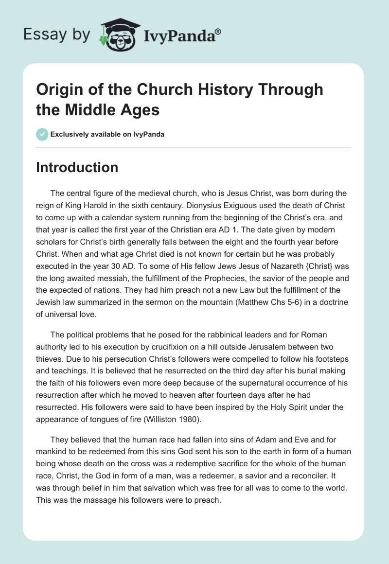 Origin of the Church History Through the Middle Ages. Page 1
