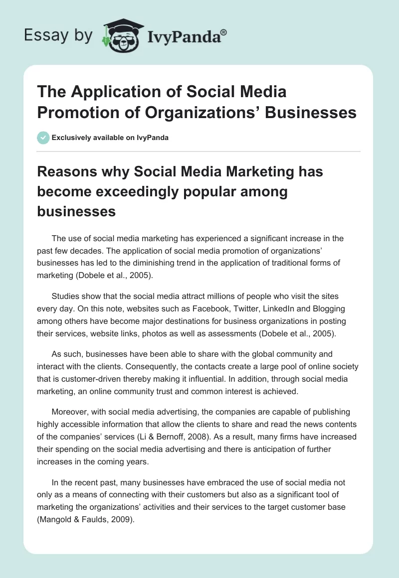 The Application of Social Media Promotion of Organizations’ Businesses. Page 1