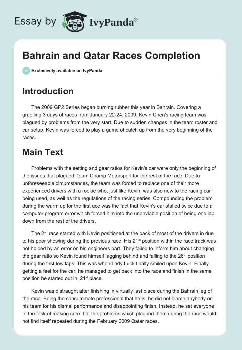 Bahrain and Qatar Races Completion. Page 1